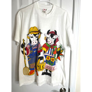 Vtg 90s EZL T-Shirt One Size American Gothic White Cow Farm Novelty